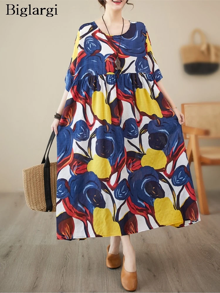 

Oversized Summer Long Dress Women Irregular Graffiti Print Fashion Ruffle Ladies Dresses Loose Pleated A-Line Woman Dress