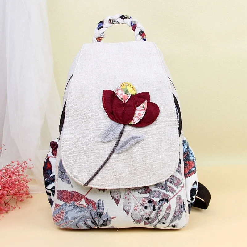 

2023 Casual Canvas Backpack Women Hand Woven Flower Print Schoolbag Girl Zipper Backpacks Large Capacity Travel Schoolbag