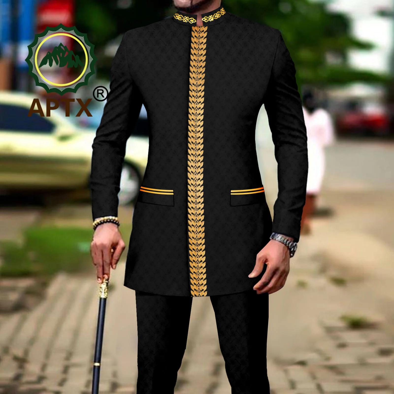 African Men Clothing Bazin Riche Men Suit 2-Piece Set Stand Collar Single Breasted Jacket Blazer Pants Party Wedding 2416082 3