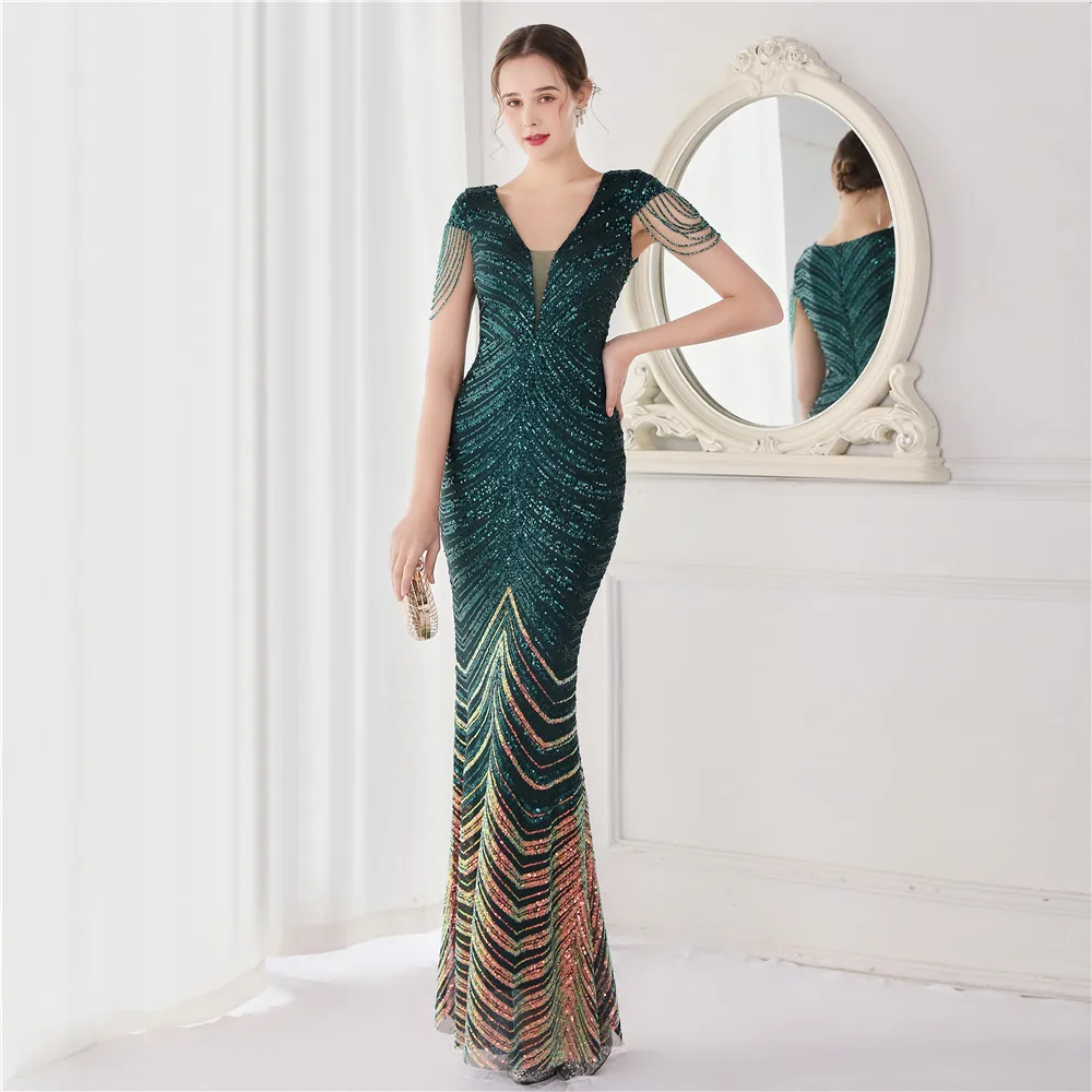

New Green Short Sleeve Beaded Style Evening Dresses DongCMY Maxi Mermaid Evening Party Robe De Soiree De Mariage