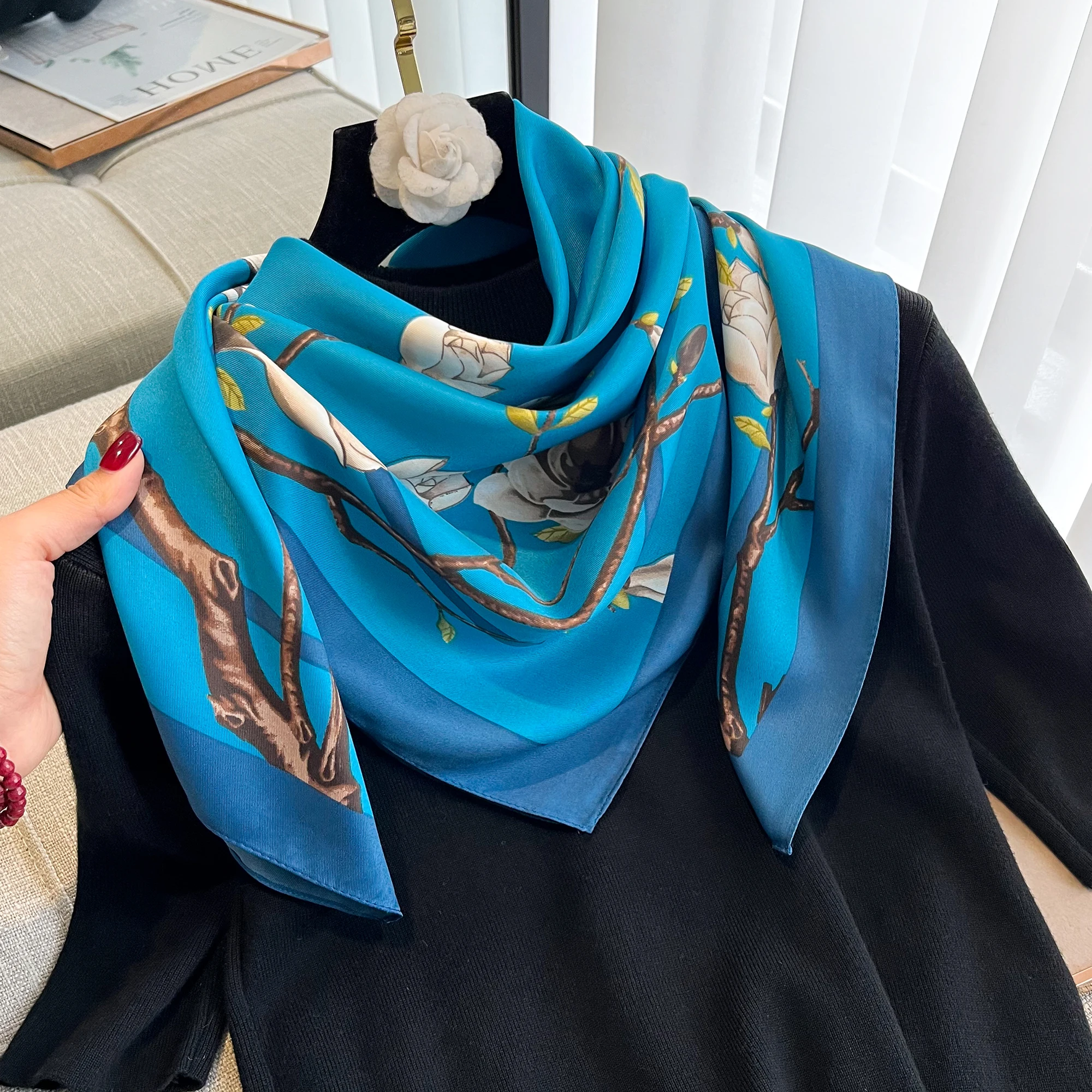 New Luxury Brand Silk Scarf Women Large Shawls Hijab Design FLoral art imitation silk sunscreen outdoor Travel beach towel