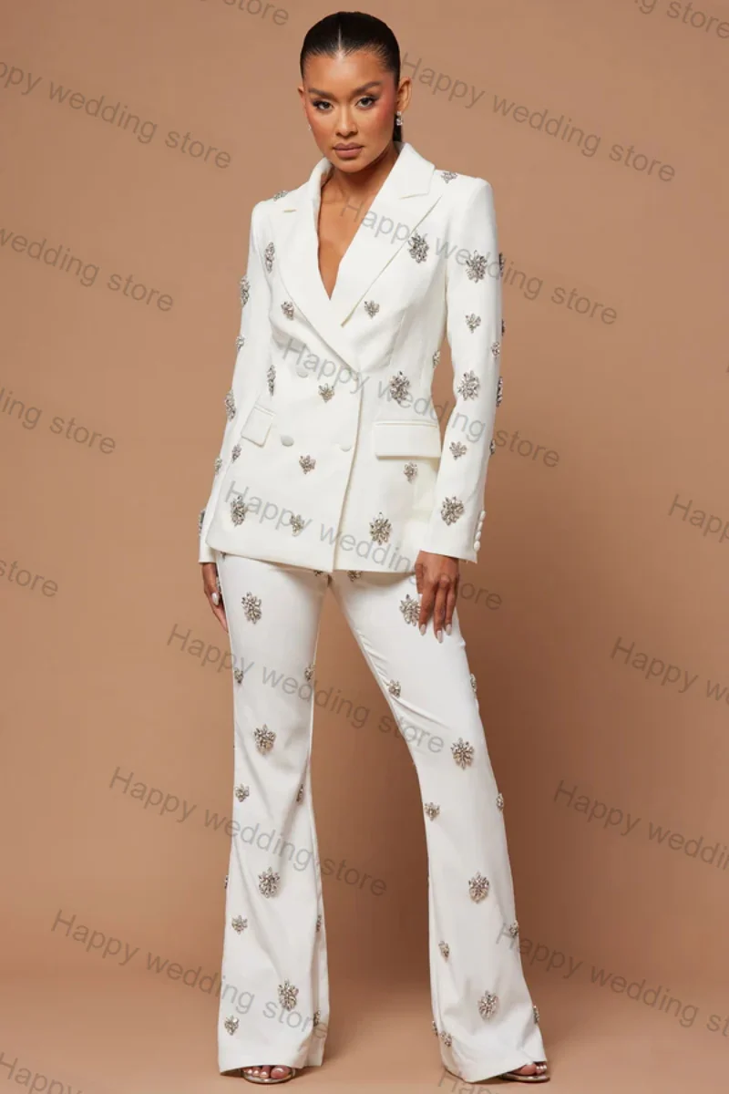 White Crystals Formal Women Suit Pants Set 2 Piece Blazer+Trousers Business Office Lady Cotton Coat Jacket Outfit
