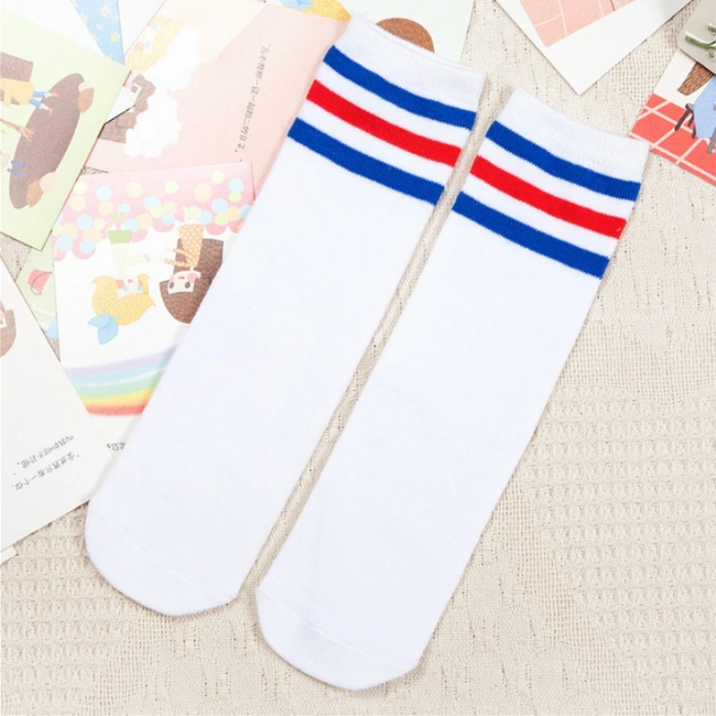Knee High Socks Children Girls Boys Football Stripes Cotton Athletic Sports White Long Tube Mid-Calf