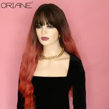 

ORIANE Coral Orange Soft Synthetic Cosplay Wig With Bangs For Women Long Wavy Curly Colorful Wig Girl High Temperature Fiber Wig