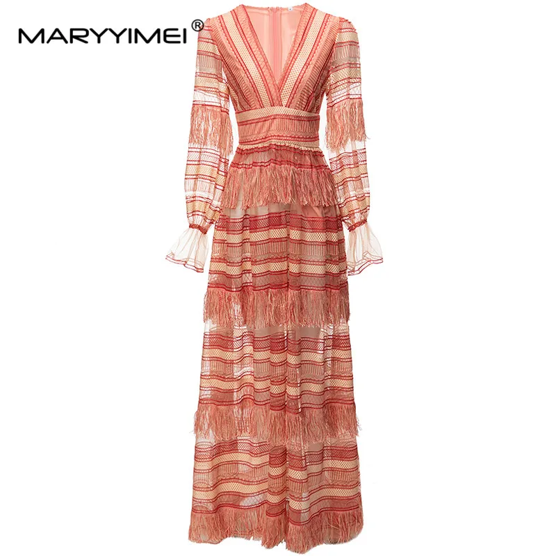 

MARYYIMEI Spring Autumn Fashion Designer Women's dress V-neck Long sleeved Indie Folk Woven Tassel Elegant Party Maxi Dresses