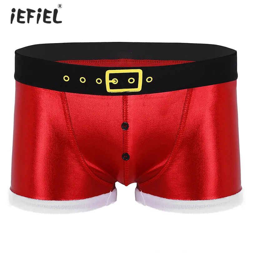 

Christmas Red Mens Gay Underwear Sissy Boxer Shorts Panties Faux Leather Printed Belt Santa Claus Cosplay Men Boxers Underwear