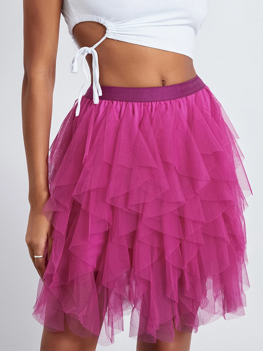 Women Tulle Tutu Skirt Solid Color Elastic Midi Waist Layered Mesh