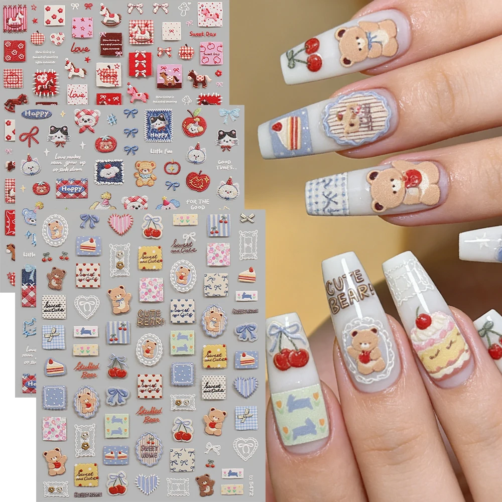 1개 귀여운 나비넥타이 5D 네일 아트 스티커 패치 데님 곰 말 귀여운 동물 리..