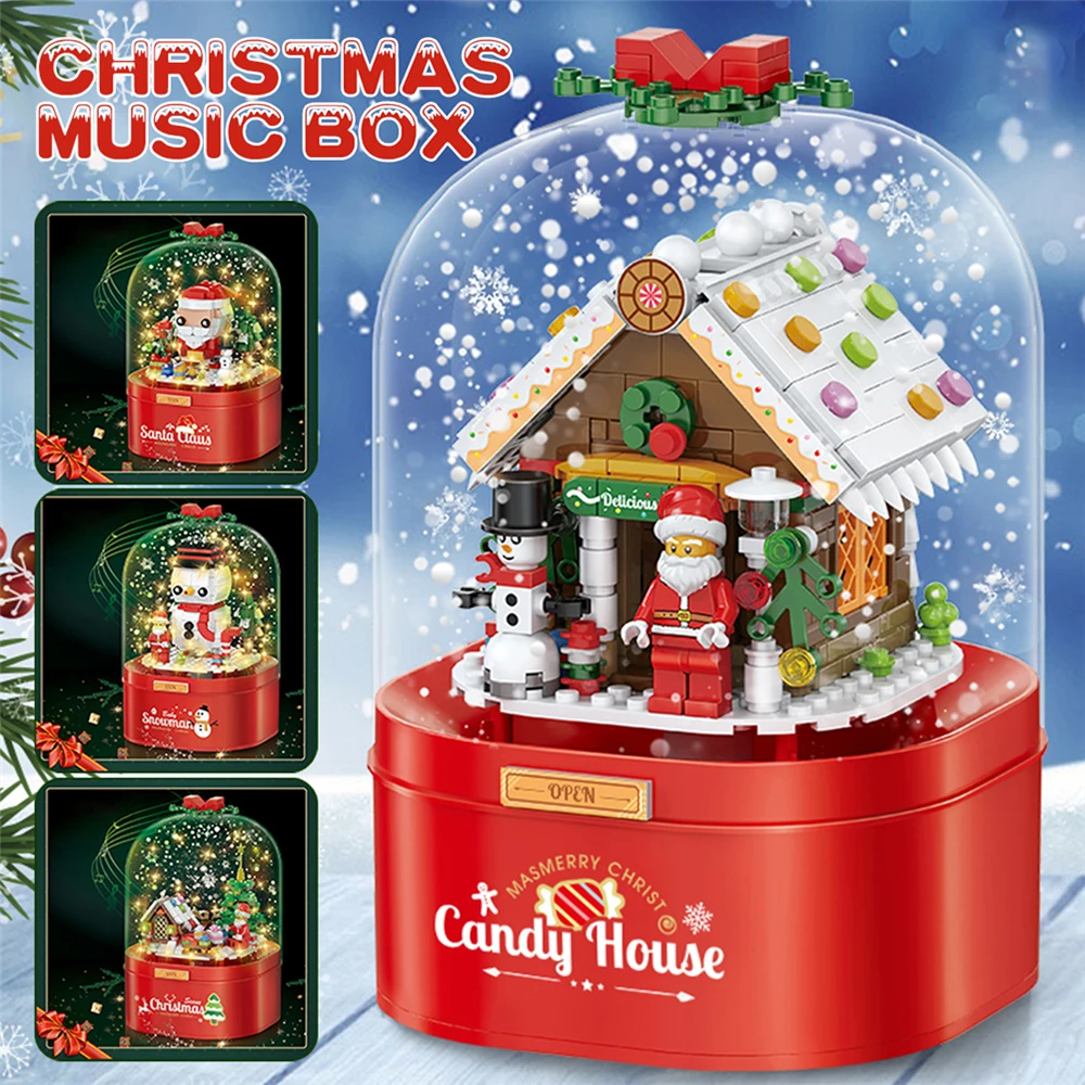 

Christmas Music Box Toy Music Sounding Snowing Santa Claus Snowman Candy House DIY Model Building Block Toys New Year Gift