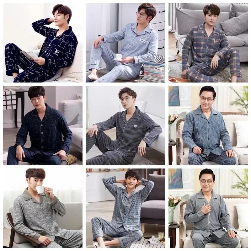 

Wear Sets Homewear Pyjama Print Plaid Cotton Sleepwear Pants Men Clothes Male Man Pajama for Sleeve Long Lounge