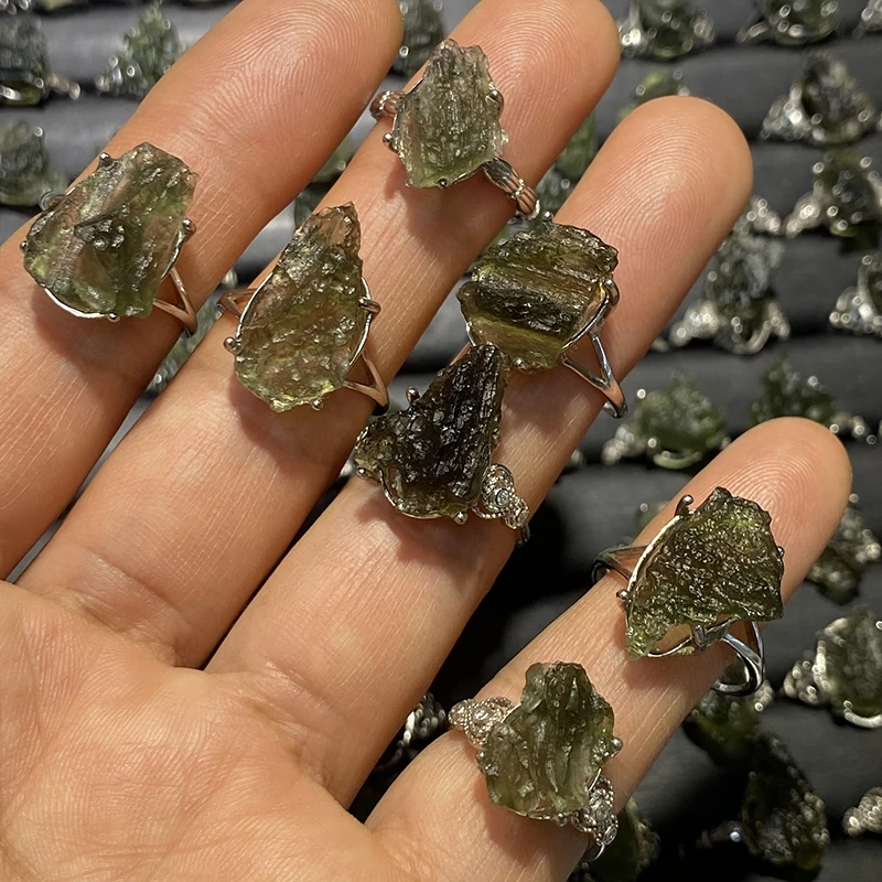 Unit One Piece 925 Silver With Natural Moldavite Rough Free Gemstone Jewelry Finger-Rings For Gift 4