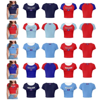 Y2K Crew Neck Ladies Caribbean T Shirts Crop Top Patriotic Fashion Cropped TShirt Tops Custom Belize Flag Color Letters Tee 1