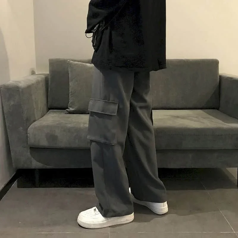 Spring and summer men's trousers Japanese overalls loose straight-leg Hong Kong style all-match men's pants wide-leg pants punk