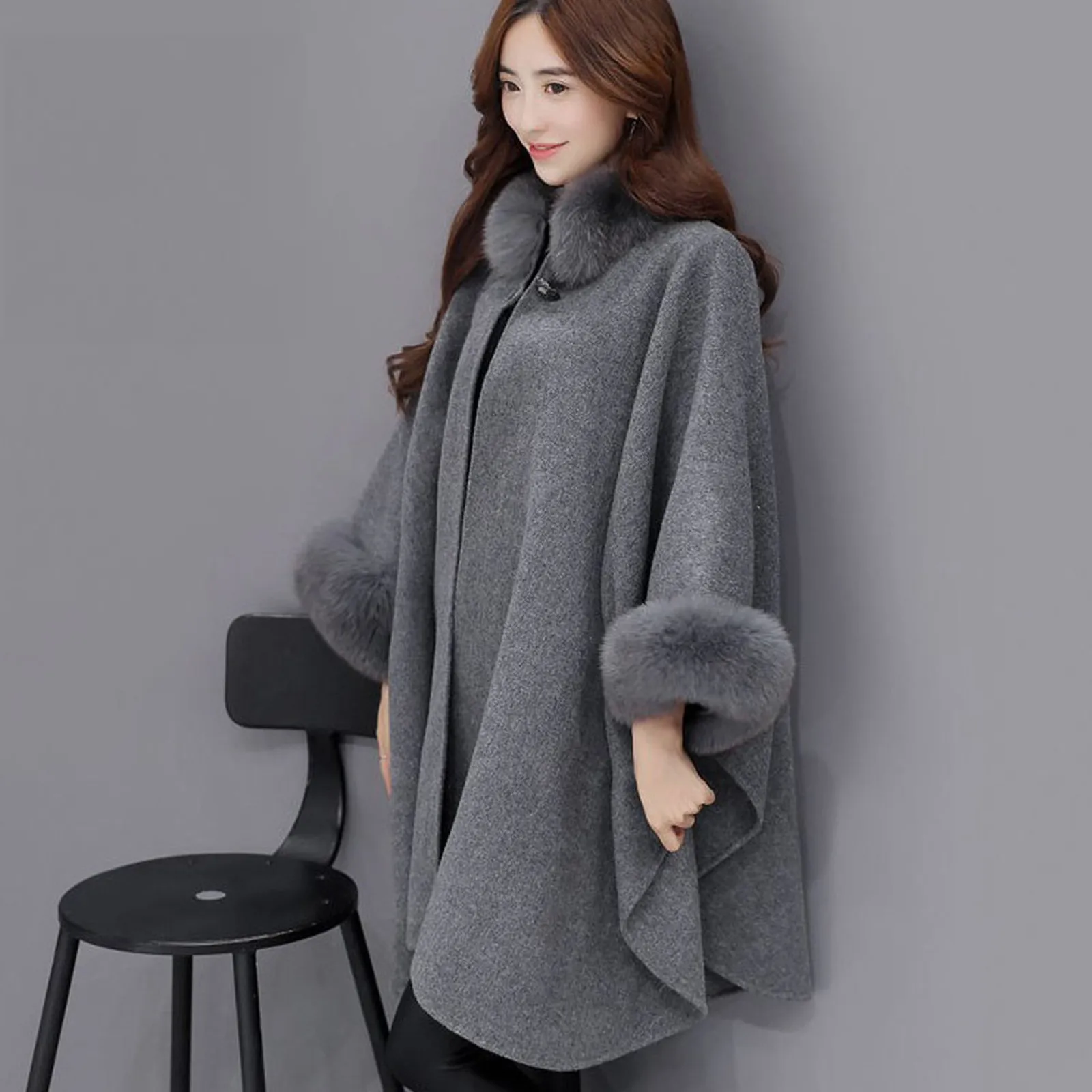 Fleece Women Keep Warm Jacket Kpop Elegant Long Sleee Outwear Fuzzy Collar Cardigan Cloak Bomber Cardigan Female Grey Jackets