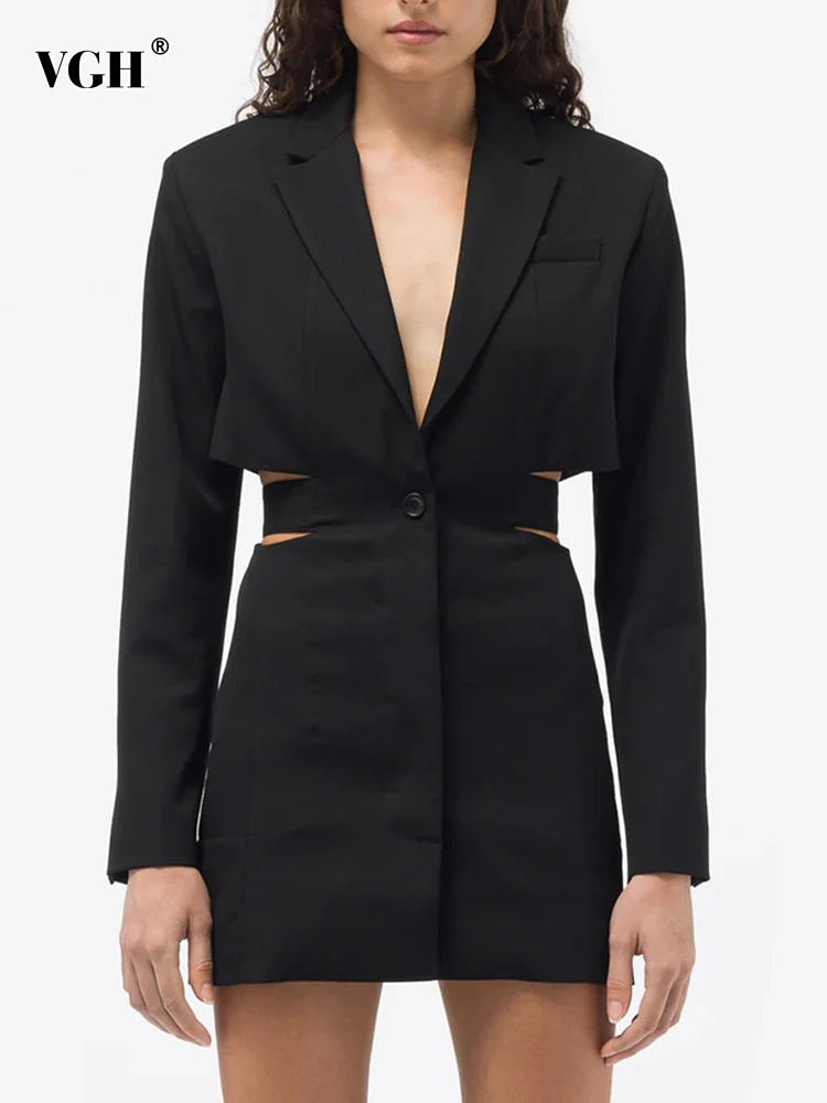 

VGH Hollow Out Silmming Temperament Blazers For Women Notched Collar Long Sleeve Tunic Solid Minimalist Blazer Female Style New