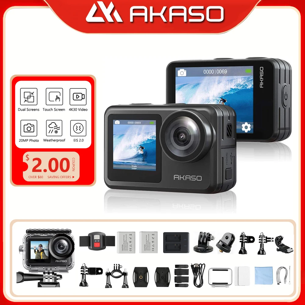 Экшн-камера AKASO Brave 7 LE 4K 30 кадров/с 20 МП Wi-Fi сенсорный экран дистанционное
