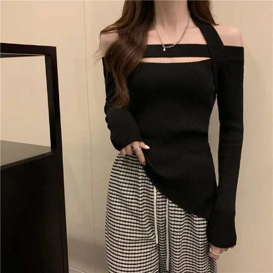 

Black Korea Japan Pullover Girl Woman Women Sweater Hollowed Neck Knit Tops Tight Women's Sweaters Top Coat Cloth Suétere