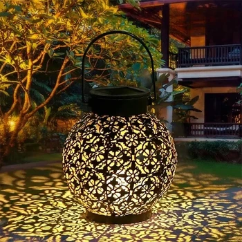 LED Solar Lantern Light Hollow Wrought Iron Projection Light Hanging Lamps Outdoor Waterproof Yard Garden Art Decoration 6