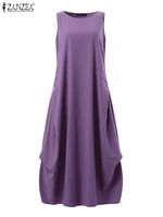 ZANZEA 2024 Fashion Summer Dress Women Holiday Oversized Maxi Dresses Casual Loose Solid Cotton Vestidos Sleeveless O Neck Robe - Image 4