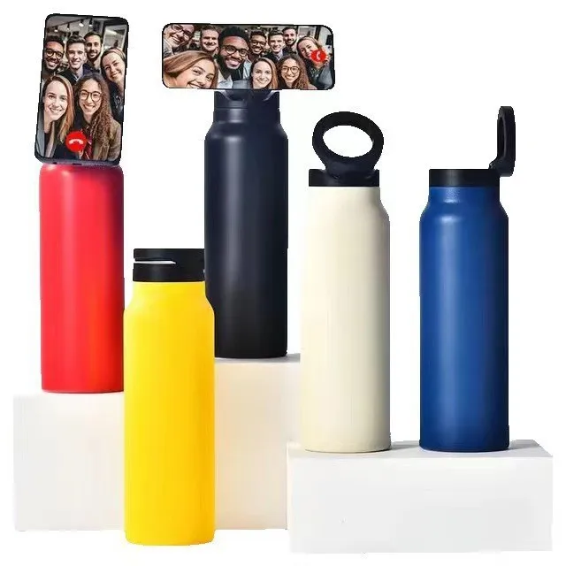 720ml/24OZ Large Capacity Sports Thermos Cup With Magnetic Mobile Phone Holder Handle,Stainless Steel Vacuum Flasks,Water Bottle