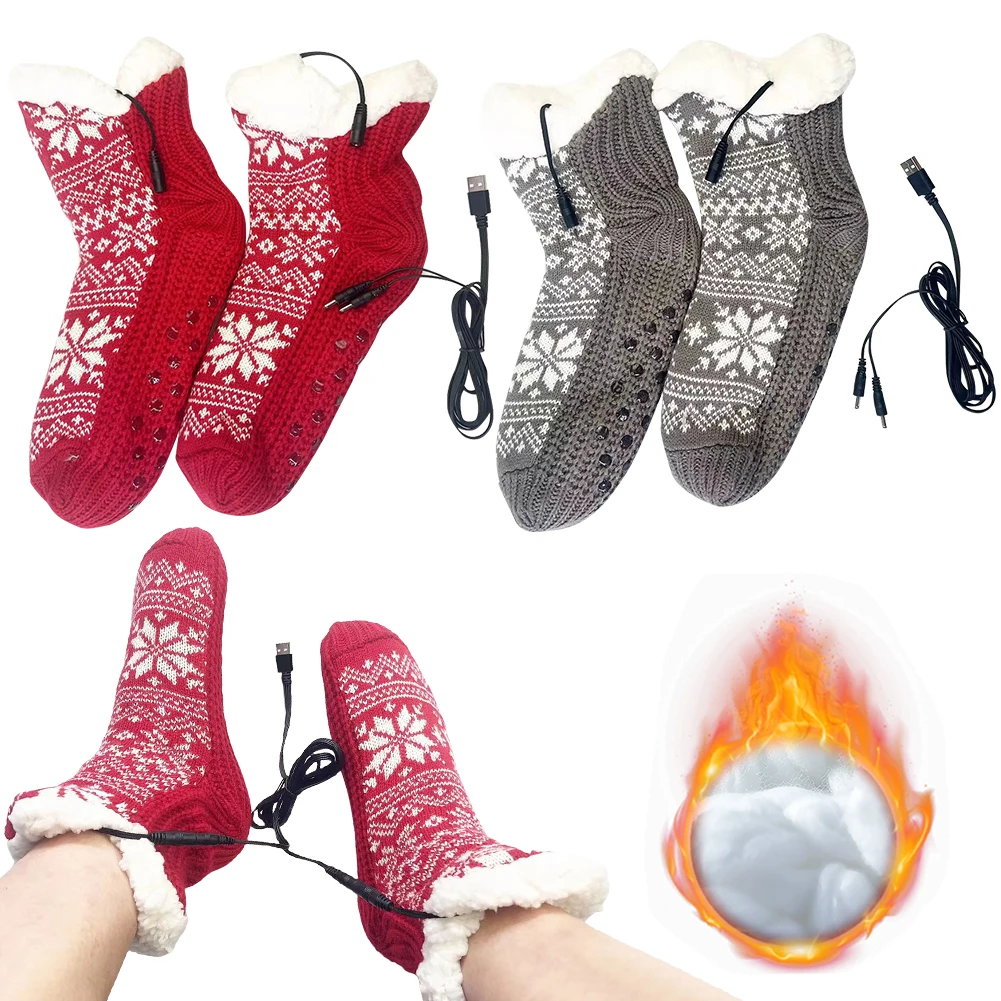 USB Heated Soft Knitted Socks Non Slip Fluffy Slipper Socks Plush Floor Socks Carpet Socks for Men Women