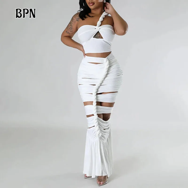 

BPN Fashion Designer Bandage Dresses For Women Diagonal Collar Sleeveless High Waist Hollow Out Solid Slimming Chic Dress Female