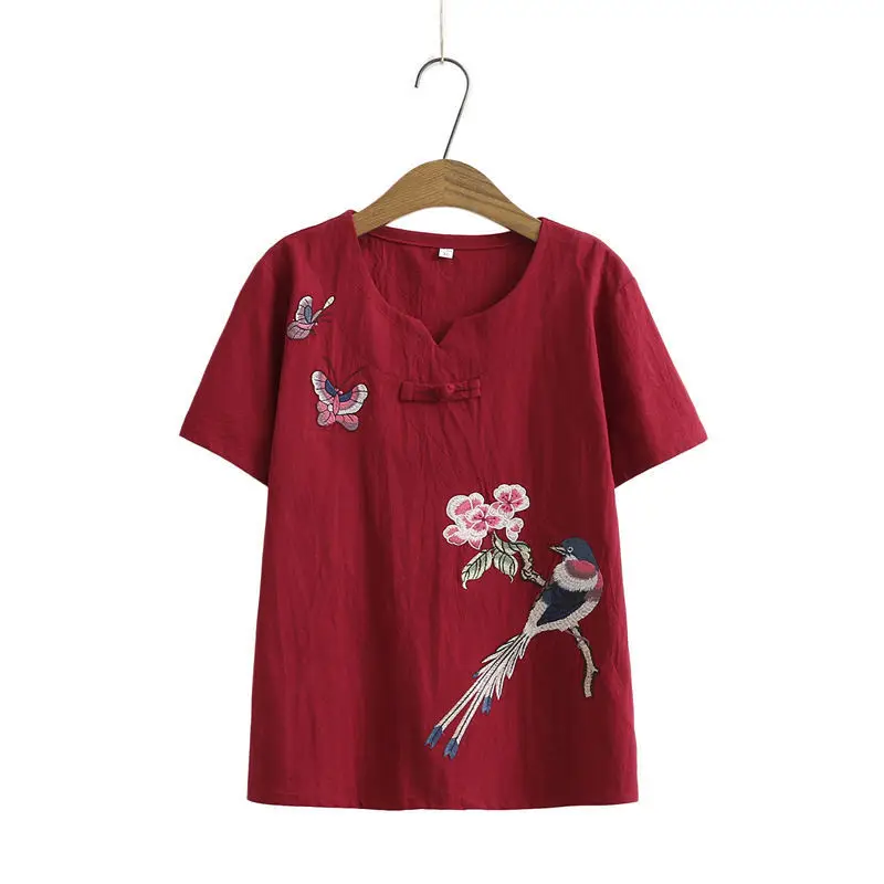 New Size Vintage Embroidery Cotton Linen T-shirt Women Summer O-Neck Loose Casual Chinese Style Buckle Top Female Tee Hanfu