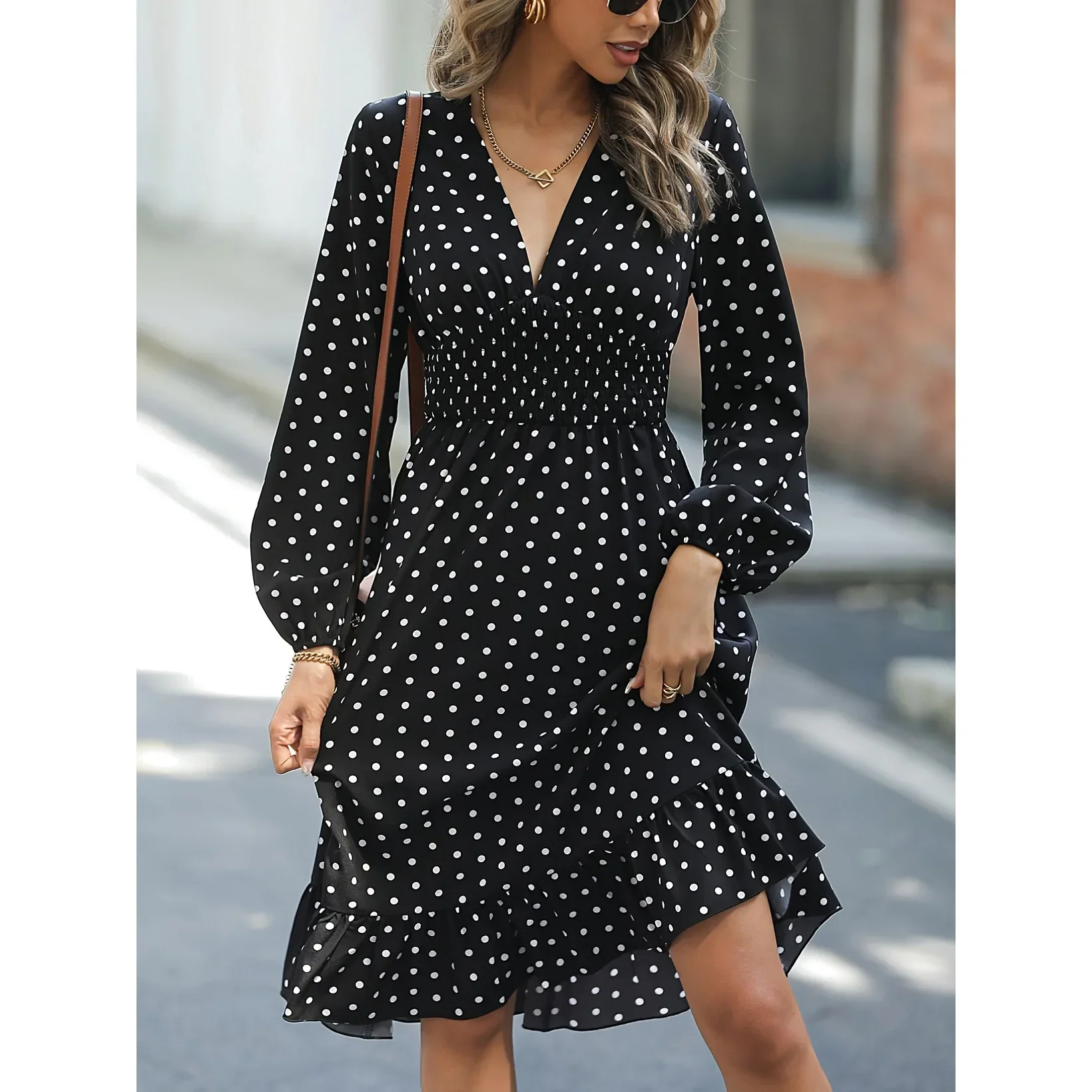 

2024 Spring Women Dress Black Polka Dot V-neck Loose Dresses Female Summer New Elegant Trendy Fashion Casual Ladies Clothes