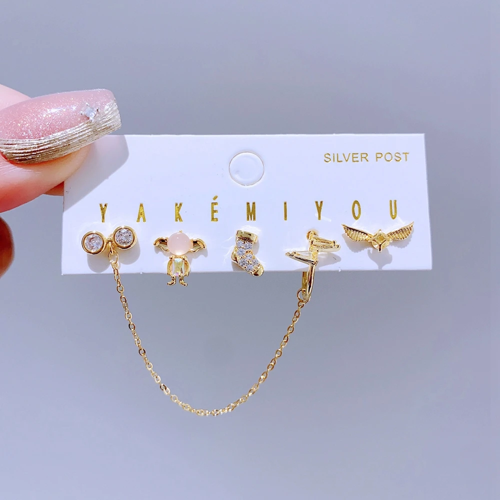 5pcs/set Mixed Cartoon Stud Earrings Gold Color Plated Cubic Zirconia Crystal Women Girls Jewellery 5