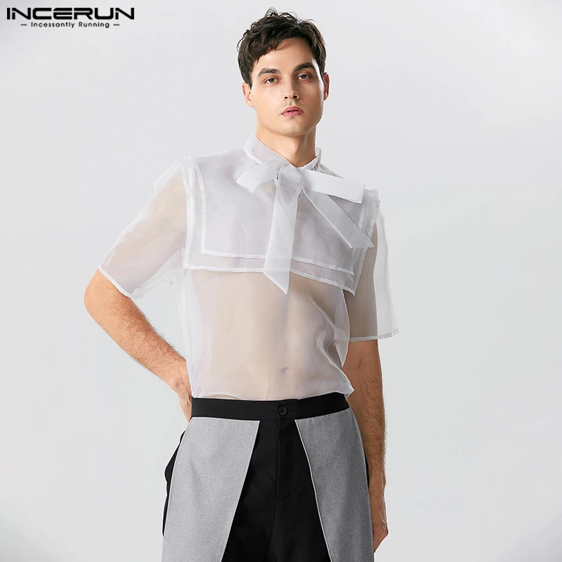 

INCERUN Tops 2023 American Style Men's Sexy Fashion See-through Mesh Bow Shirts Casual Party Show Thin Short Sleeve Blouse S-5XL