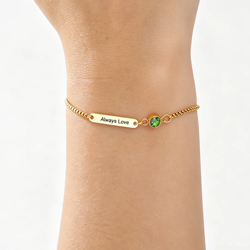 Custom Birthstone Engraved Bar Name Initial Date Bracelet Stainless Steel Personalized Jewelry Mother's Day Gifts Wife_voghion.com