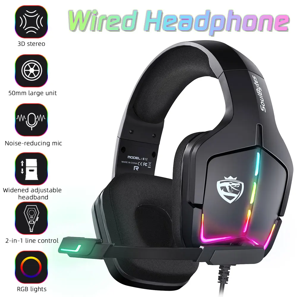 

Adults Wired Gaming Headset with RGB Lights Gaming Computer Headphone with USB 3.5mm AUX Stereo Noise-canceling Adjustable Mic