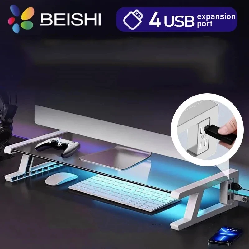 Monitor Stand Monitor Bracket Monitor Shelf Computer Stand Desk Monitor Stand Riser PC Rack Holder 4 USB Ports Computer Monitor Riser Desktop Stand and Storage Rack 20kg Capacity
