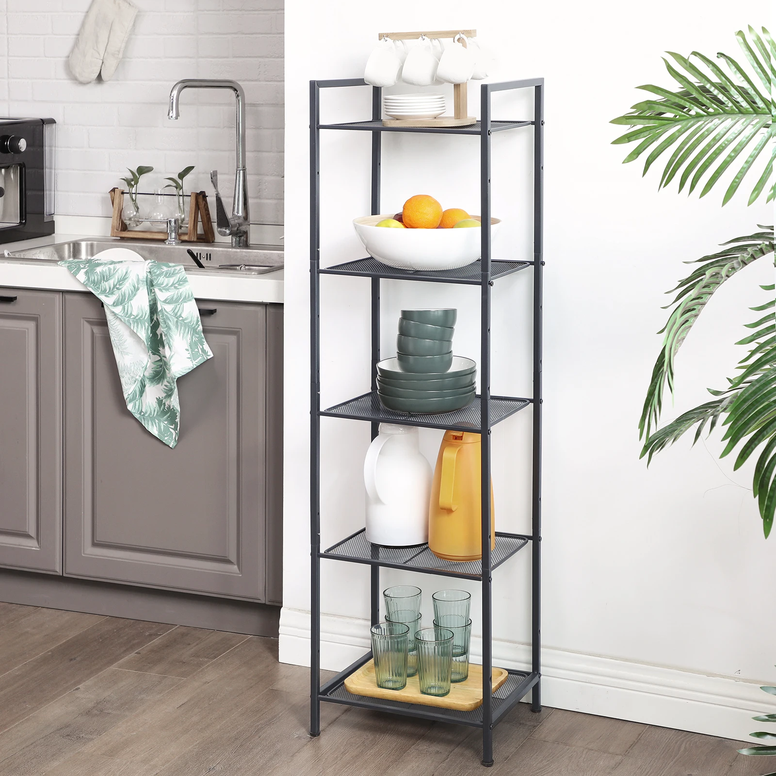 SONGMICS 5-Tier Storage Rack, Bathroom Shelf, Extendable Plant Stand with Adjustable Shelf, for Bathroom, Living Room, Balcony 4
