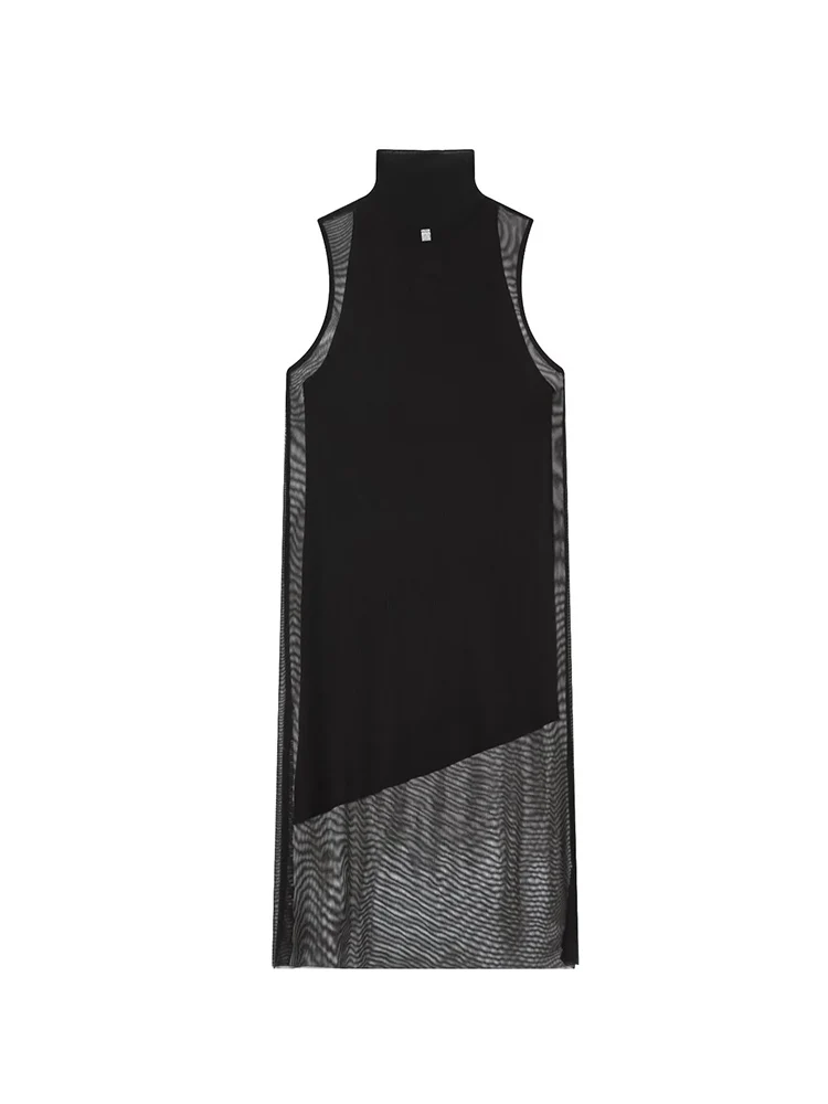 Elegant Women Fashion Midi Dress Solid Mesh Patchwork Double Layer Dresses Chic Turlteneck Sleeveless Two-Piece Dress Lady