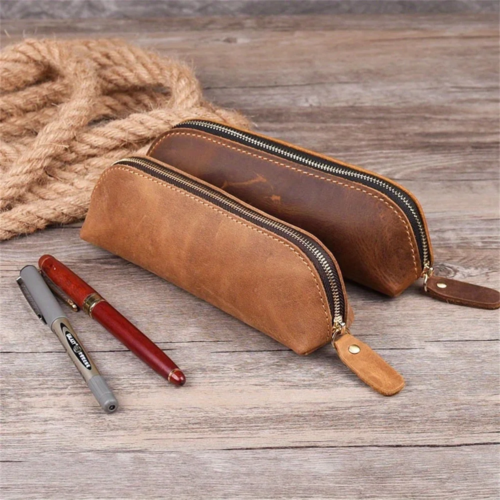 Vintage Leather Pencil Bag Simple Stationery Hoder Pen Case Storage Bag Zipper Pencil Pouch Glasses Box School Supplies 4