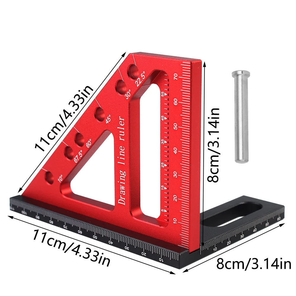 Carpenter Square Hole Scribing Ruler 22.5-90 Degree Measuring Ruler Angle Pin Construction Precision Woodworking Tool 1Pc