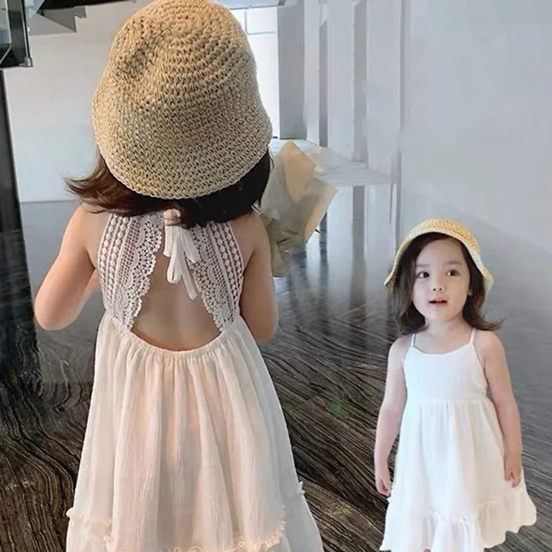 

2024 New Summer Girls' Dress Korean Solid Color Casual Sleeveless Backless Party Princess Dress Cute Children's Girls Sundress