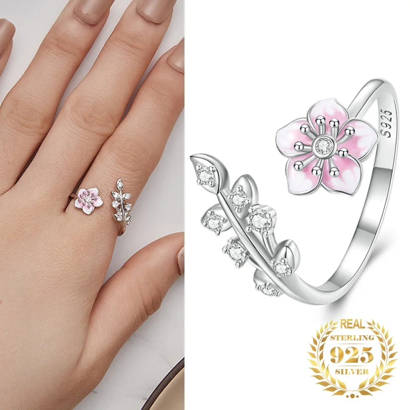 

Trendy 100% 925 Sterling Silver Pink Cherry Blossom Opening Summer Ring Enamel Flower Adjustable Ring for Women CZ Fine Jewelry