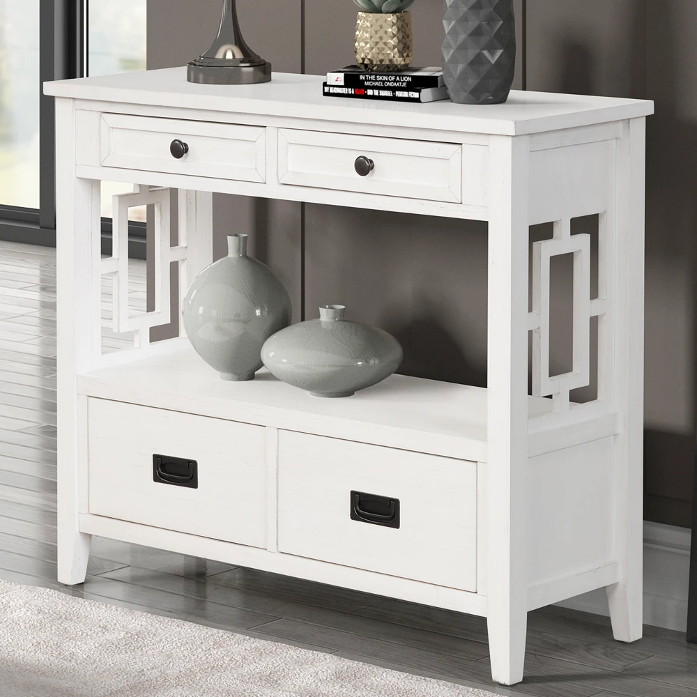 36" Farmhouse Console Table with 4 Drawers & 1 Shelf - Antique White 3