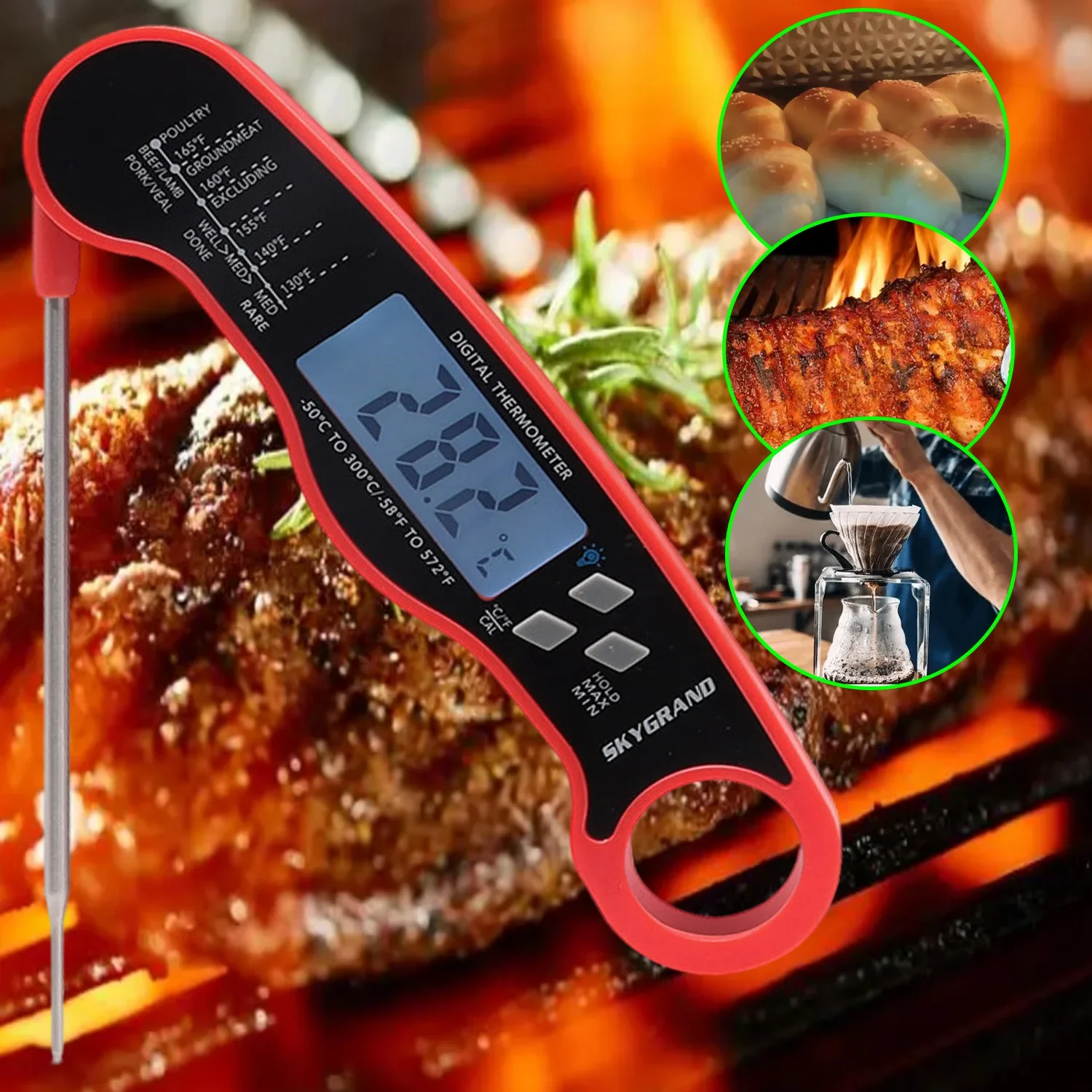 

Waterproof Digital Food Thermometer, Instant Read Temperature, Kitchen Cooking, Milk, Coffee, Barbecue, Toast