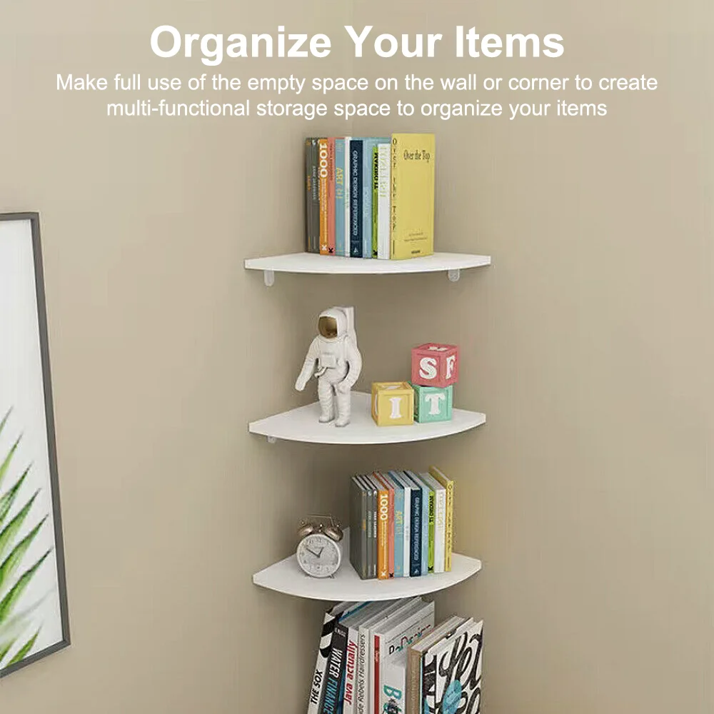 3pcs Floating White Corner Shelves Fanshaped Wooden Wallmounted