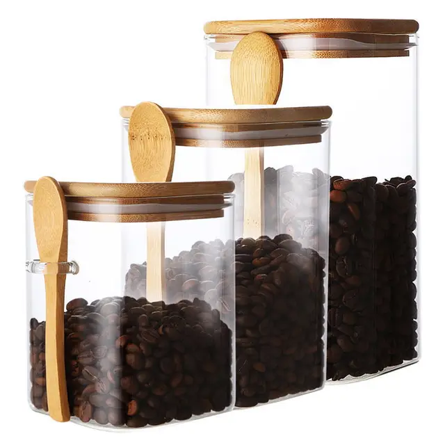 Japanese Style Square Glass Sealed Storage Jar with Wooden Spoon Seasoning Box Coffee Bean Cans Household Milk Powder Tea Cans 5
