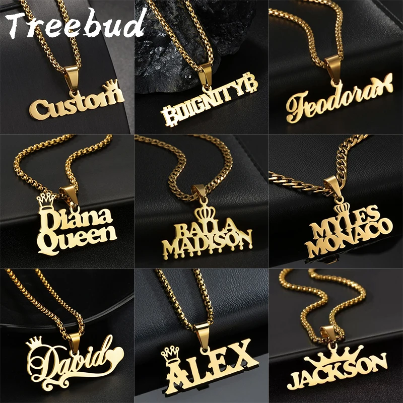 

Treebud Custom Names Pendant Necklace Stainless Steel Jewelry Personalized Nameplate Cuban Thick Chain for Men Women Gifts