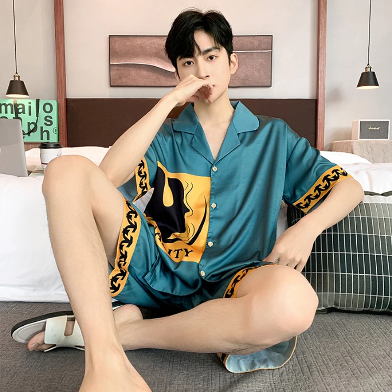 2 Pieces Set Men's Silk Pajamas Set Summer Short Sleeves O Neck Shorts Sleepwear Man Cardigan Thin Nightwear Youth Boys Pyjamas