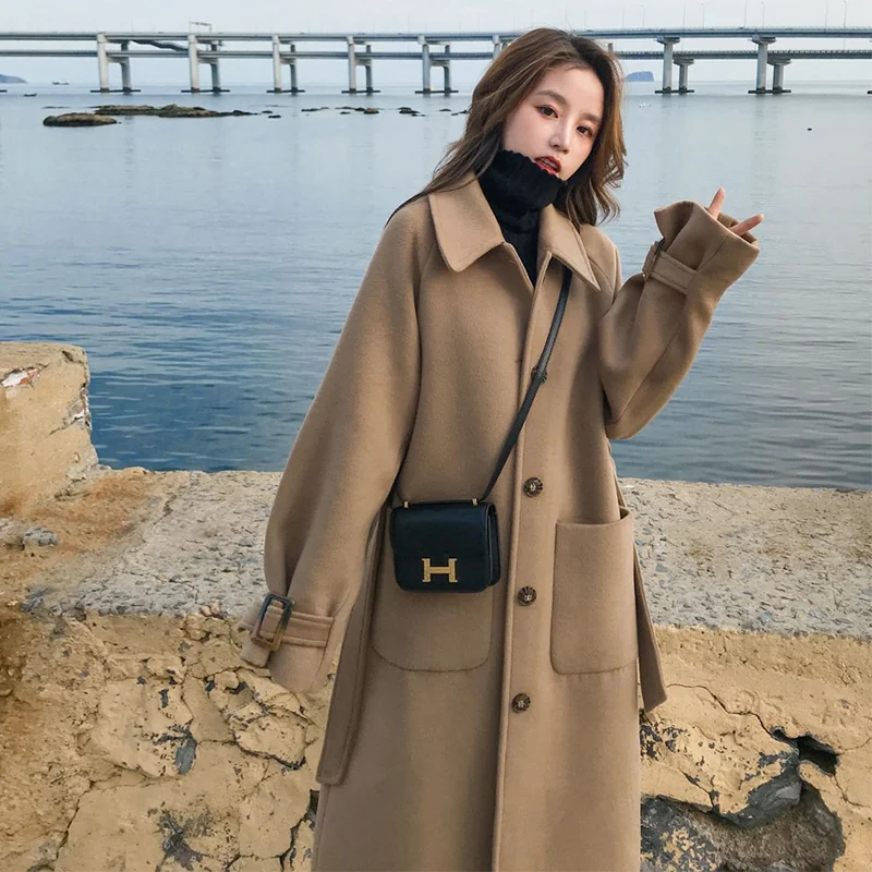Korean Fashion Woolen Coat Women Warm Solid Colors Long Sleeve Autumn Jacket Oversized Single Breasted Loose Wool Blend Outwear