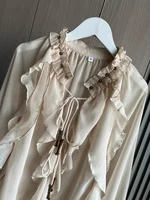 ETJ Spring 2025 New  Women's Fashion Translucent fabric beaded rivets decorated V-neck lace ruffled romantic shirt - Image 3