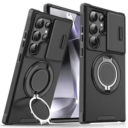Armor Magnetic Bracket Case with Slide Camera Protection and Shockproof Design for Galaxy S24FE (Black)
