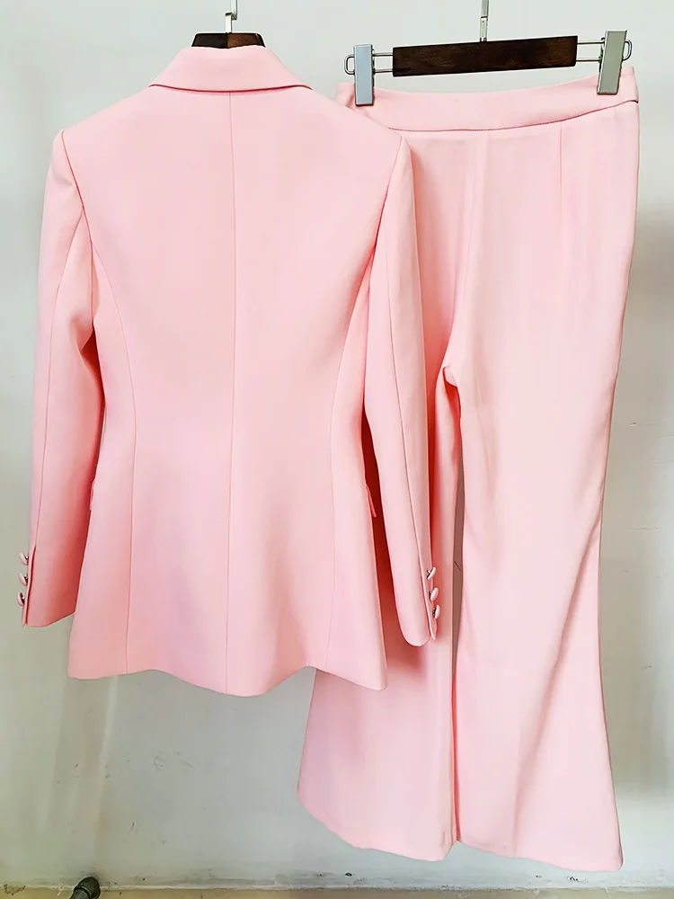 Tesco Pink Women's Suits Set Elegant 2 Pieces Double Breasted Blazer Flare Pants For Office Lady Solid Female Suit blazer mujer