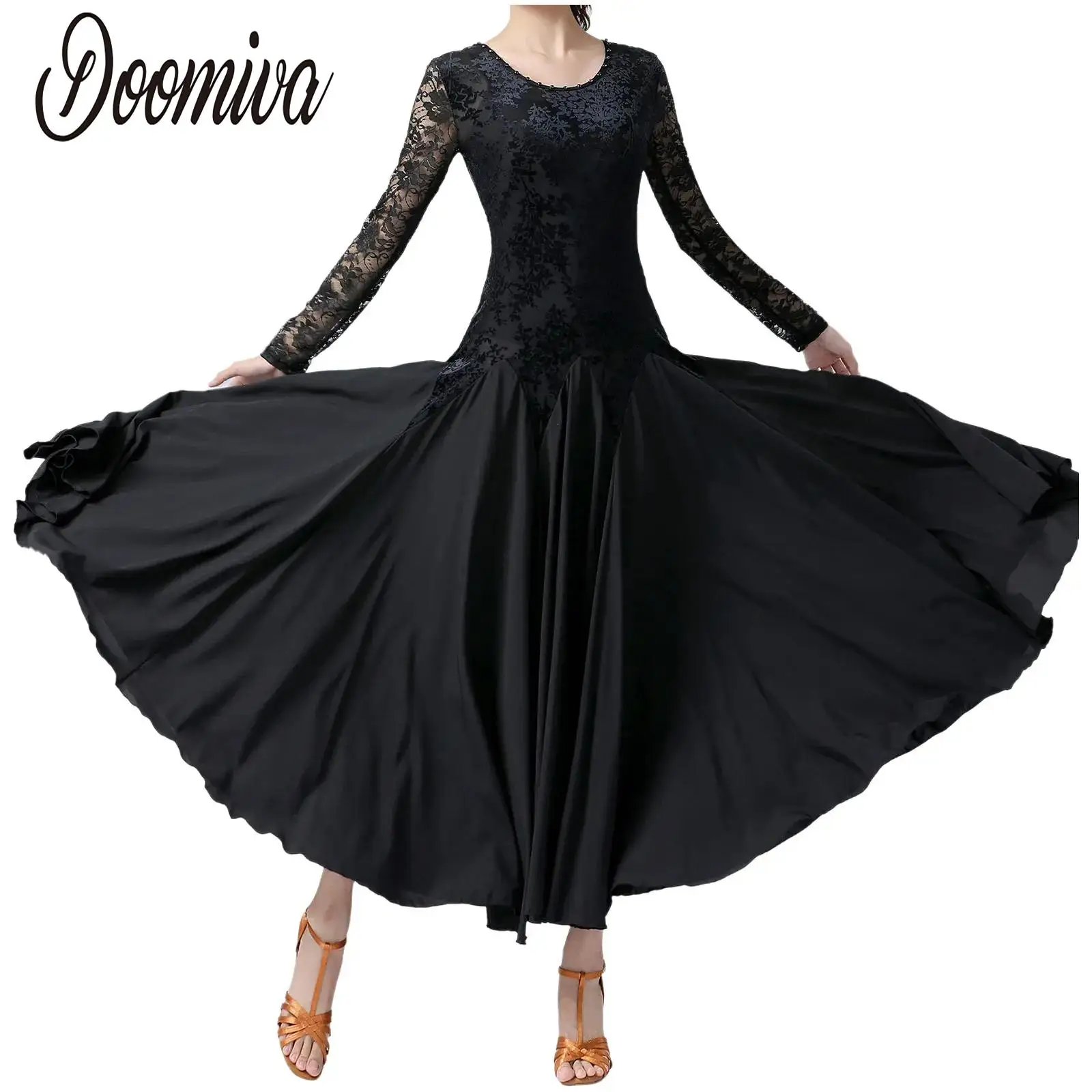 

Женское платье для бальных танцев, кружевное лоскутное длинное платье с длинным рукавом и юбкой для вальса ча-ча